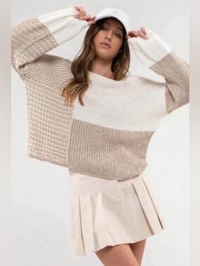 Blu Pepper Taupe and Cream Tie Back Knit Colorblock Patchwork Sweater M